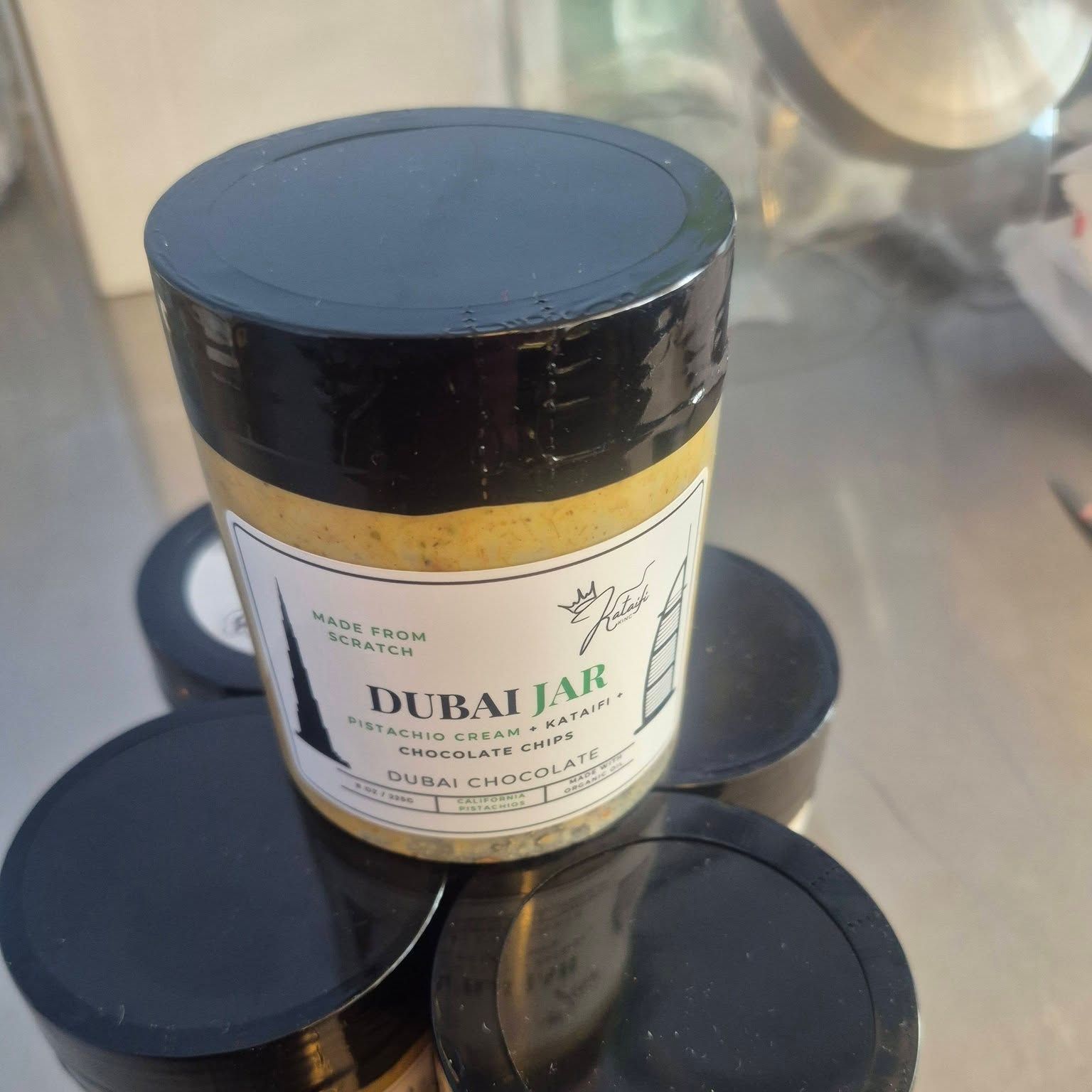 Locally made Dubai chocolate jars stocked at The Candy Shoppe on Main