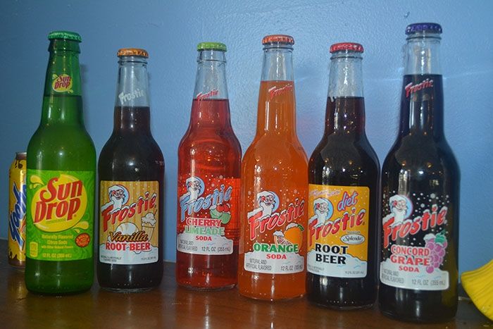 Frostie sodas lined up in glass bottles at The Candy Shoppe on Main