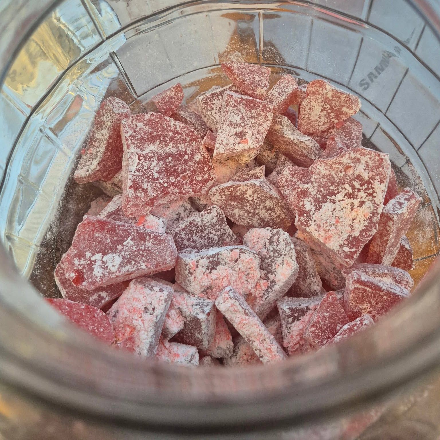 Jar of sugar-dusted fruit candies at The Candy Shoppe on Main