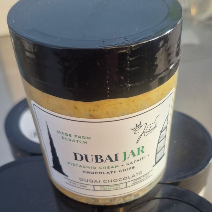 Dubai chocolate jar with pistachio cream at The Candy Shoppe on Main