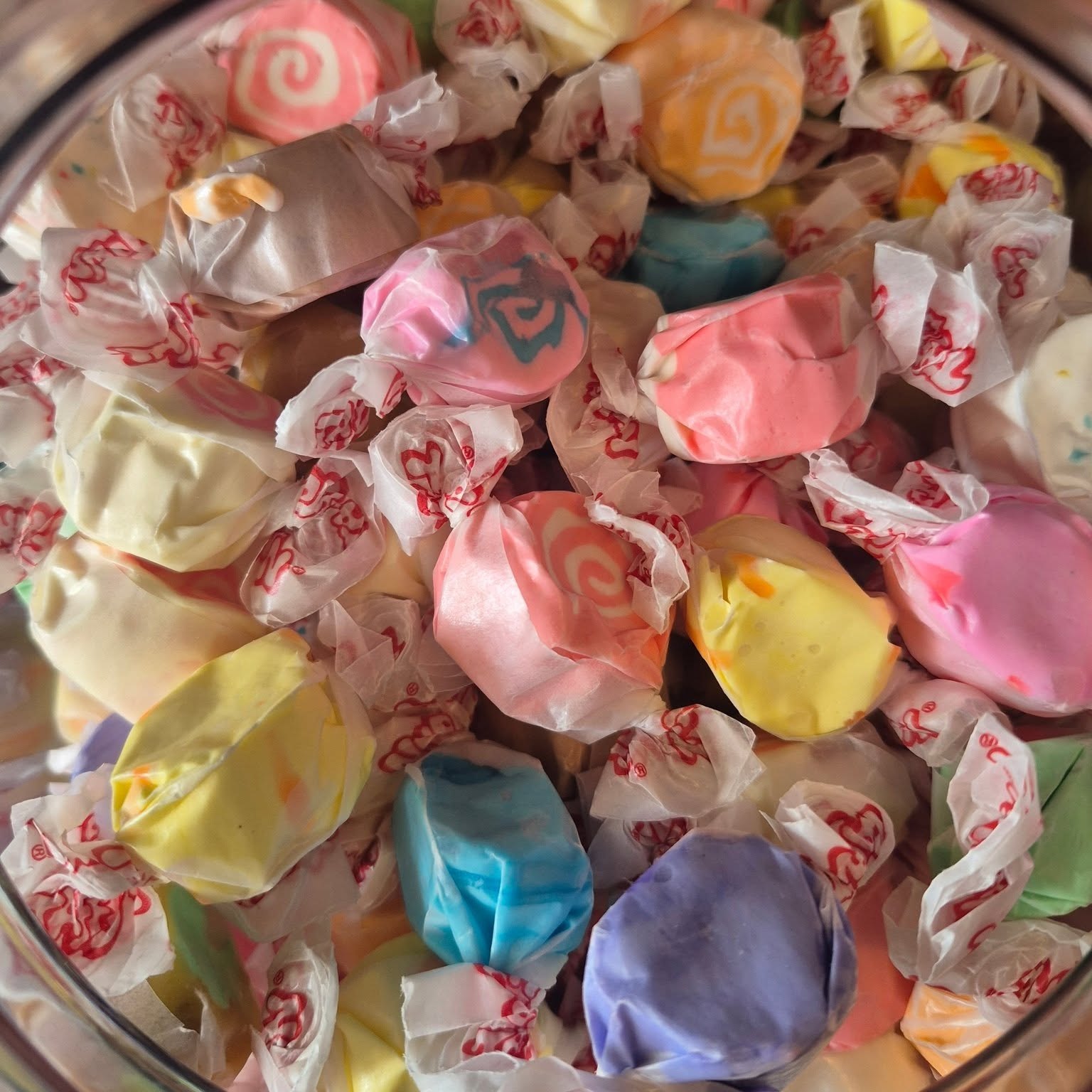 Barrel of pastel wrapped taffy at The Candy Shoppe on Main