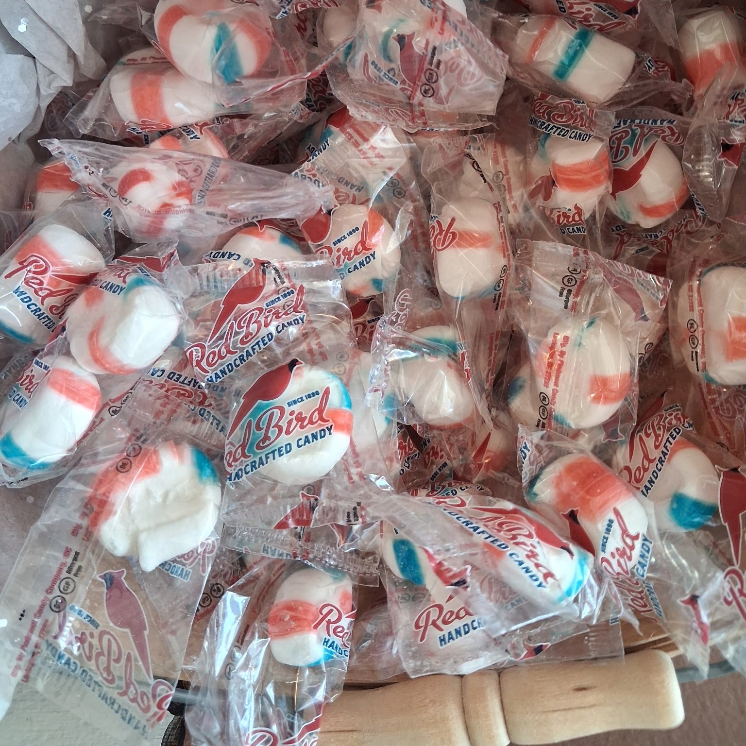 Wrapped Red Bird soft peppermint puffs at The Candy Shoppe on Main