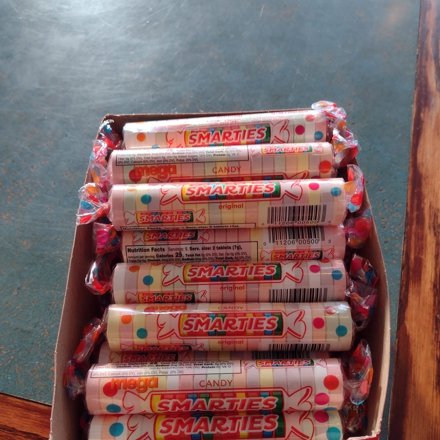 Box of Smarties candy rolls at The Candy Shoppe on Main